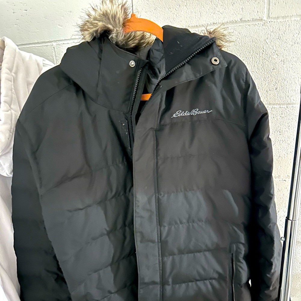 Eddie Bauer Black Puffer Jacket with Faux Fur Hood